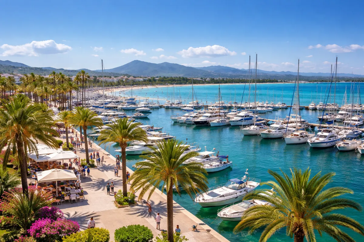 Vue de Puerto de Alcúdia à Majorque avec la marina, la promenade, une grande plage et la baie d'Alcúdia en arrière-plan
